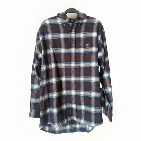 Lacoste Shirt Men 40 Regular Fit Blue Brown Plaid Flannel Cabin Country - Picture 1 of 9